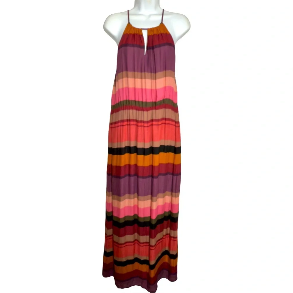 LOFT Striped Halter Maxi Dress - Boho Summer Resort Wear - Size 12 - Picture 4 of 9